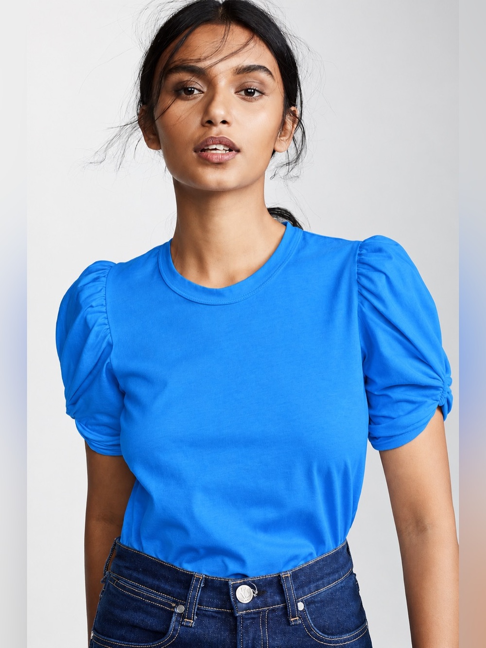 A.L.C. Kati Tee Blue Ruched Puff Sleeve Cotton Top Size Large Made in USA